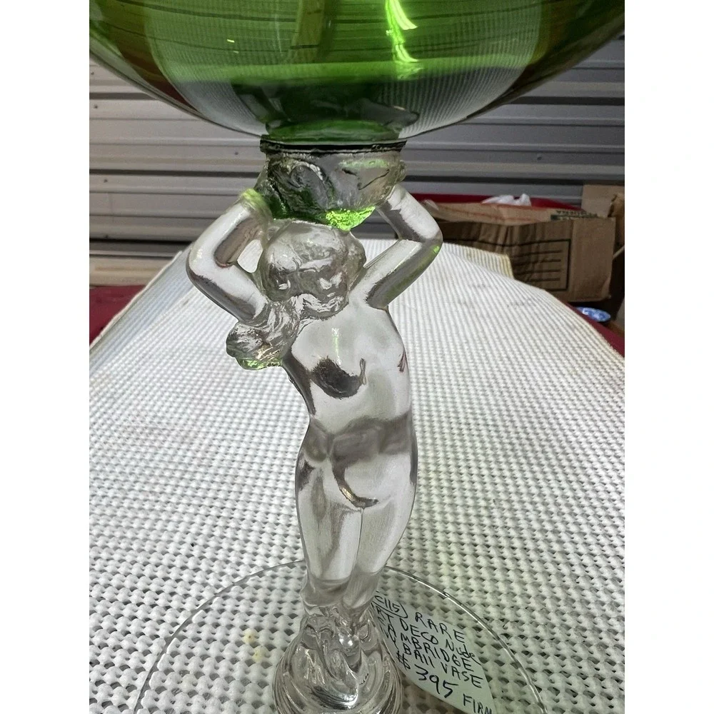 Cambridge RARE Keyhole Ball Glass Art Deco Nude Stem Roemer Forest Green